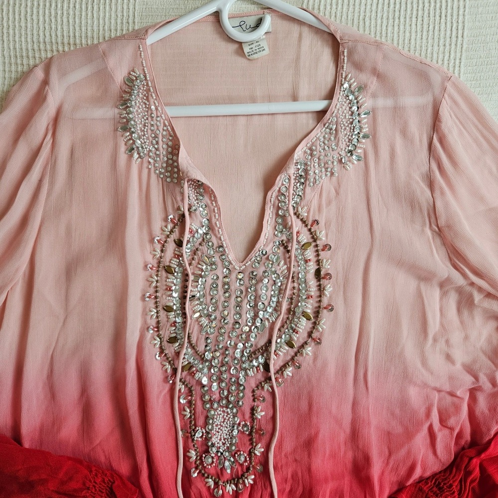Ludi Pink Red Ombre Beaded Desert Boho Smocked Waist Long Sleeve Festival Top XL - Picture 9 of 12